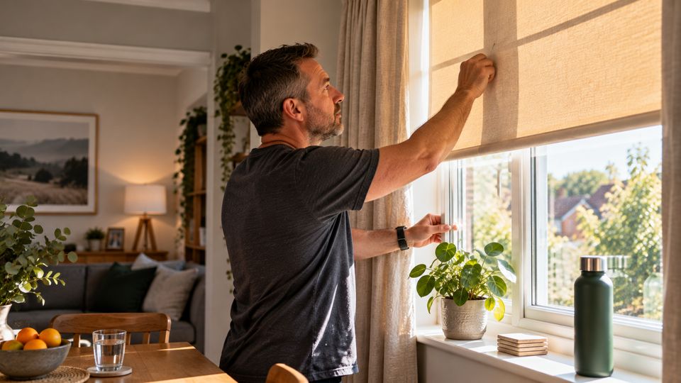 Man adjusting a window blind to shade a room from strong sunlight.